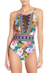 Mesh V Neck Tropical One Piece Swimsuit